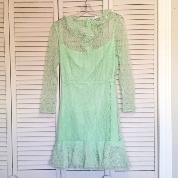 SANDRO Cocqette Ruffled corded lace mini dress, Mint Green, Size 8 - Picture 2 of 16